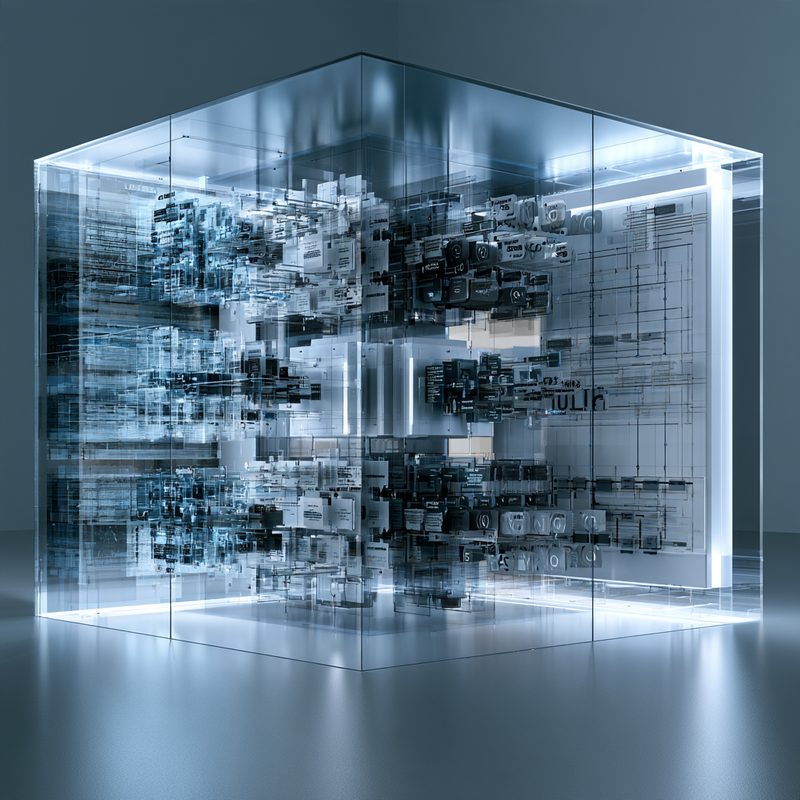 A transparent glass cube in a gray studio, filled with suspended layers of cards and panels arranged like an index of records, lit softly from below.