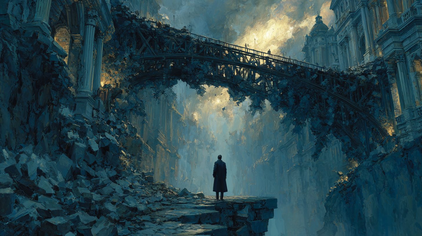 A lone figure stands on a ledge facing a vast, crumbling stone bridge that arches across a dim, cavernous hall of ruined architecture.